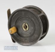 Early Hardy Bros Uniqua 4 ¼” Wide Drum Salmon Reel with white handle, twin screw oil drum latch,