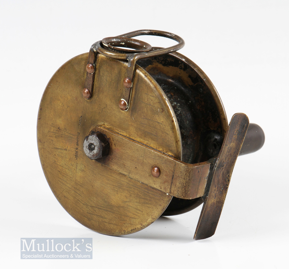 Ogdens Smith London 4” Brass Reel with bickerdyke line guide, oversize handles and pillar drum, some - Image 2 of 2