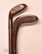 2x early Sunday Golf Walking Sticks both fitted with dark stained socket head wood handles – one