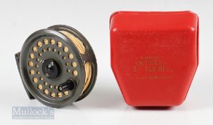 K P Moritts Intrepid 3 ½” Fly reel in plastic case, runs freely with some surface wear