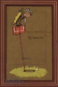 George Washington original golfing coloured artwork for postcard titled George Washington Caddie: “