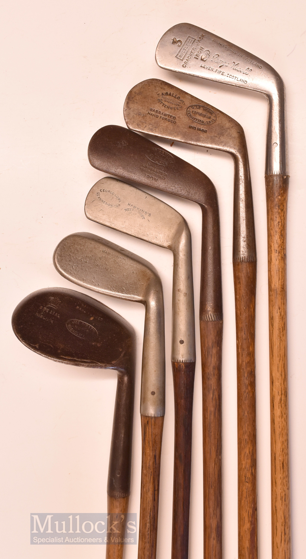 6x assorted irons featuring Joe Sibson Special niblick, G Lowe patent, Hawkins anti-shank niblick