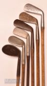 6x assorted irons featuring Joe Sibson Special niblick, G Lowe patent, Hawkins anti-shank niblick