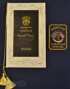 Scarce 1993 Ryder Cup Golf European Official blazer pocket badge and Farewell Dinner Menu (2) – held