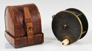 Chas Farlow & Co, 191 Strand London 4 ¼” All Brass Reel with Block Case with white handle and smooth