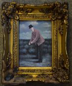 Oleograph of golfer wearing a red jacket and bowler hat addressing the golf ball on heath land