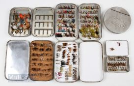 Collection of 6 fly boxes 4 are Wheatley boxes to include a 5” x 3 ½ salmon fly tin with flies, A