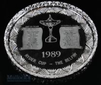 1989 Ryder Cup Cut Crystal Presentation Salver given by the PGA to the players with etched list of