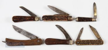 Collection of 6 Fishing and others Horn and Wooden Handle Pen knives to include Makers of Hodges &