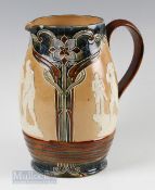 Doulton Lambeth Art Nouveau Stoneware Golfing Scene Design Pitcher having 3 white relief designs