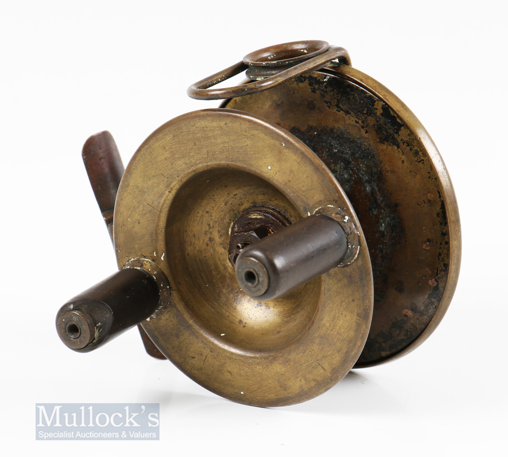 Ogdens Smith London 4” Brass Reel with bickerdyke line guide, oversize handles and pillar drum, some