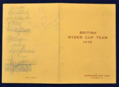 Rare 1935 British Ryder Cup Team Pre Match signed programme before leaving for USA – played at