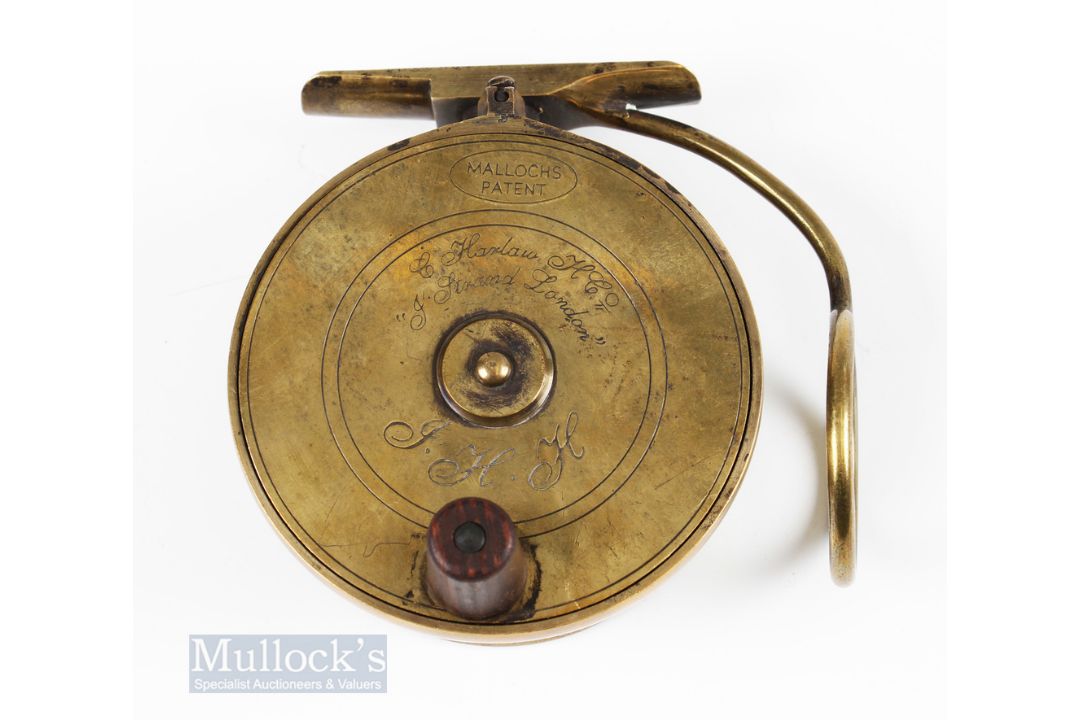 Malloch’s of Perth Patent brass reel side caster salmon fly reel - drum 4” diameter, with script - Image 3 of 3