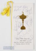 1989 Signed Johnnie Walker Ryder Cup Gala Ball Menu signed to front with 13 signatures of the Europe