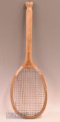 c1905 ‘The Ubique’ wooden fishtail tennis racket with model motif to convex wedge, unknown maker,