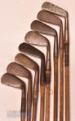 8x various irons featuring E Kenyon cleek, mashie (no grip), Park smf iron, Len Braund Bath mashie