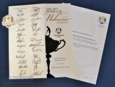 Rare 2012 Ryder Cup Fully Signed Welcome Dinner Menu – played at Medinah Chicago Illinois known as