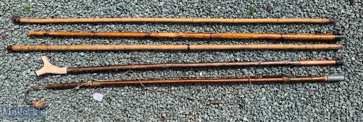 Group of 5 Mixed Wading Staffs 3 with bamboo shafts, one with gaff hook top and another with stag