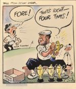 Bob Connolly (b.1907 – d.1981) Mix media coloured golfing cartoon of Bobby Locke (South Africa)