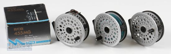 3x Ryobi of Japan 455MG Super Light Magnesium Fly Reels one boxed with line guard and