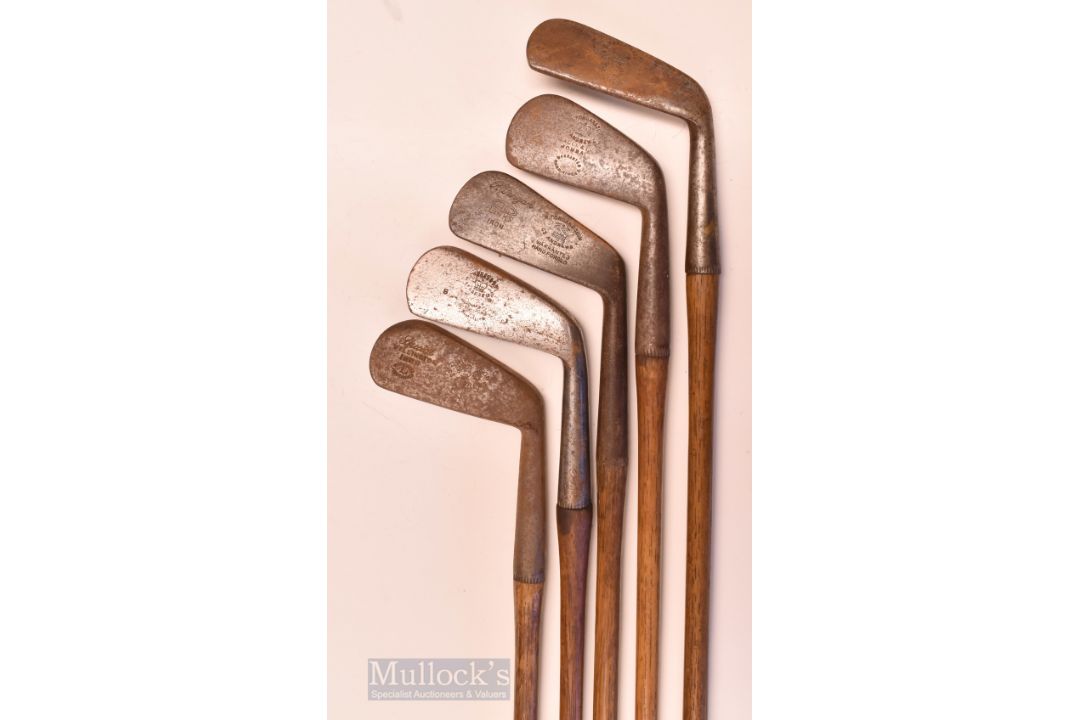 4x R Forgan Kings Crown cleek marked irons incl a mashie marked B, Links iron, iron marked Bombay,