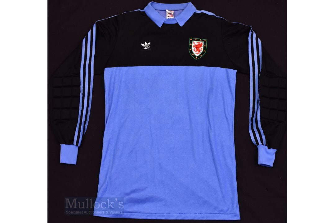 1980s Wales International Goalkeeper football shirt Adidas, in blue and black, size XL, No 12 to - Image 1 of 3