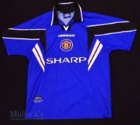 1996/97 Manchester United Third football shirt size L, in blue, black and white, short sleeve