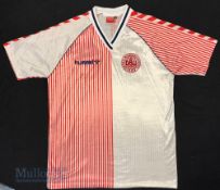 1986 Denmark International Away football shirt size XL, Hummel, in white and red stripes, short