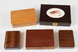 5x Wooden Pocket Fly Boxes each with foam interiors, one with hand painted 