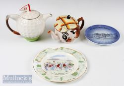 Golf related Ceramic Teapots Plates, to include an Andy Cap Wade Teapot, 18th Tee Tony wood