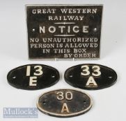 4x Railway Engine Shed Numbers and Great Western Railway signal box notice, all are more modern cast