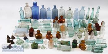 Collection of Old Glass Bottles to include a very small Hoods liver pills, sheared top green ink