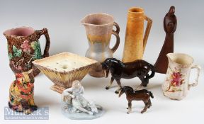 Mixed Ceramic items to include Figures, 1930s jugs vases (has a small chip to base) Sylvac vase,