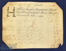 Very Early 1736 Printed Bill Bought of Joseph & Benjamin Smith Distillers at Ye Two Golden Pots in