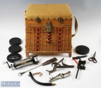Wicker Fishing Tackle Carrier/Seat and Fly Accessories the carrier with padded top containing tray
