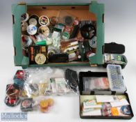 A box full of course/fly fishing accessories to include a black Hardy box of floats, an Orvis rig