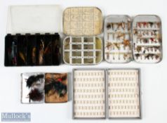 Selection of Fly tins and flies featuring Wheatley tin with hinged lid compartments, another