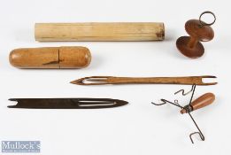 Interesting collection of treen style fishing related items (6) Wooden torpedo shaped float holder