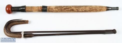 19thc Gaff and Fishing rod butt (2) - interesting cast Iron/steel folding gaff fitted with wooden 
