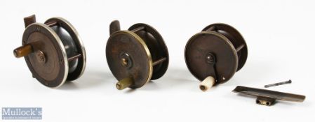 Collection of 3x small brass, ebonite combination and other brass trout fly reels - A W Gamage
