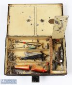 C Farlow & Co 191 The Strand London black japanned lure box c1890 - c/w 2x cast compartments to