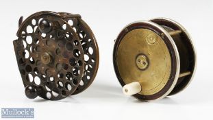 2x Interesting Early Large Brass Combination Reels - large Scottish Perth Style 4.75