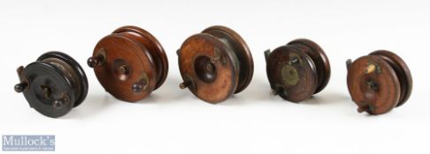 3x Wood and brass star back reels featuring an Eton Sun 4