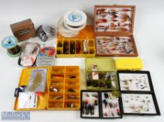 Canvas Fishing Bag and Flies containing a selection of various flies on singles, doubles and