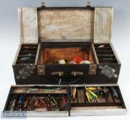 Custom Built Fishing Tackle Carry Box and Lures in wood and tin construction, with hinged lid and
