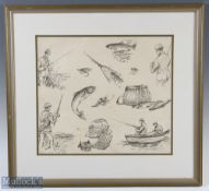 R Walker original salmon Fly Fishing Pencil Sketch, signed R Walker, after Richard 