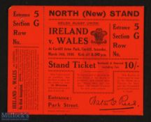 Rare Wales v Ireland 1936 Rugby Stand Ticket: Tiny pin hole in otherwise excellent bold red entire