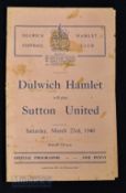 1939/40 War abandoned season Dulwich Hamlet v Sutton Utd match programmes South Eastern