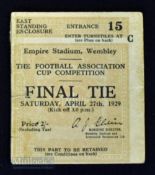 TICKET: 1929 FA Cup Final Wembley Stadium east standing enclosure ticket: light brown, tiny tear,