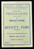 1948 Brentford Hospital Cup match programme Brentford v Queens Park Rangers 3 May 1948, 4 pager, has